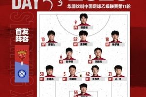 中乙第11轮上海海港富盛经开vs无锡吴钩，今日首发名单